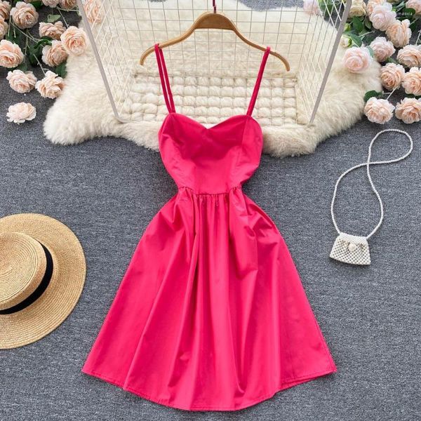 Casual Kleider Sexy Backless Spaghetti Strap Frauen Kleid Koreanischen Stil Solide A-Line Mini Sommer Mode Mädchen Ärmelloses Kleid