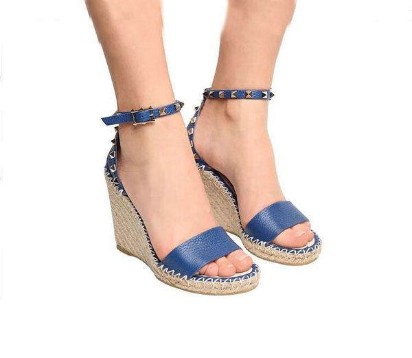 Женская клиновая сандал высокие каблуки обувь Металлическая кожа телковая кожа с шипами 105 -мм клинжа лодыжка