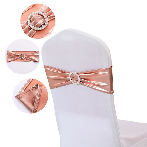 Banda de faixa de cadeira de spandex de prata de ouro met￡lico de ouro com fivela redonda para o evento de casamento de um banquete Cadeira de casamento gravata de faixa