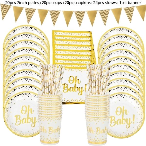 Posate usa e getta 85 pezzi Oh Baby Gold Dot Set da tavola Boy Girl Doccia Bomboniere Piatti Tazze Gender Reveal Decorazioni per feste di compleanno per bambini 230216