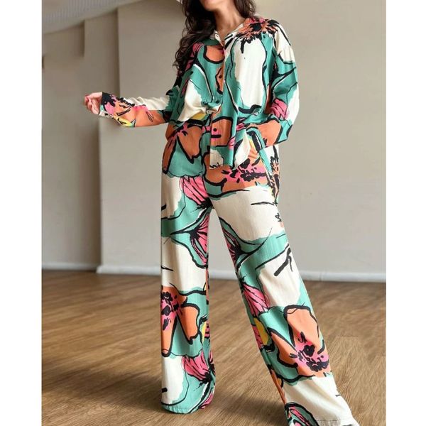 Frauen Frühling Zwei Stück Frauen Breite Bein Hosen Set Druck Hemd Casual Lose Vintage Boho Arbeit Streetwear Y2k Anzug 230215