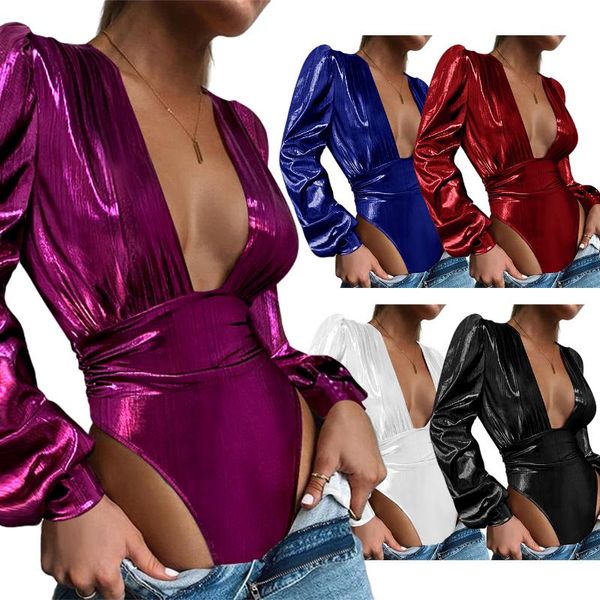 Kadın Tulumları Tulumlar Y2K Moda Bodysuit v Boyun Bronzing Seksi İnce Slim Tek Parça Kadınlar Parti Gece Kulübü Kıyafetleri Swomen's