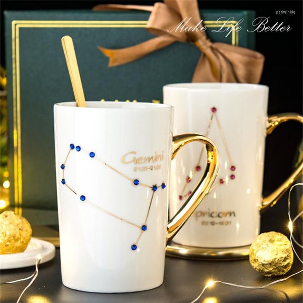 Tassen 12 Unzen Kreative Lila und Blau Diamant Keramik Kaffeetasse Porzellan Teetasse mit Gold bemalt als Geschenk Deckel Löffel