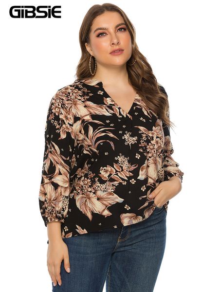 Женская футболка больших размеров GIBSIE, повседневные топы с вырезом и цветочным принтом, женские большие размеры xxxl 4xl 5xl, женская блузка в стиле бохо с рукавом 3/4, осень-весна 230216