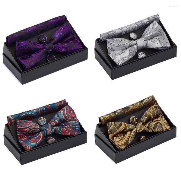 Papillon GUSLESON Set di cravatte pre-annodate da uomo Gemelli con fazzoletto da taschino floreale Paisley con confezione regalo per uomo Matrimonio oro rosso