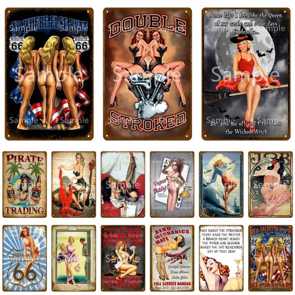 Sexy Lady Art Painting Beauty Women Metal Tin Sinp Pin Up Girls Wall Stickers Vintage Placa Metal Poster para Man Cave Club Bar Personalizado Decoração Tamanho 30x20cm W02