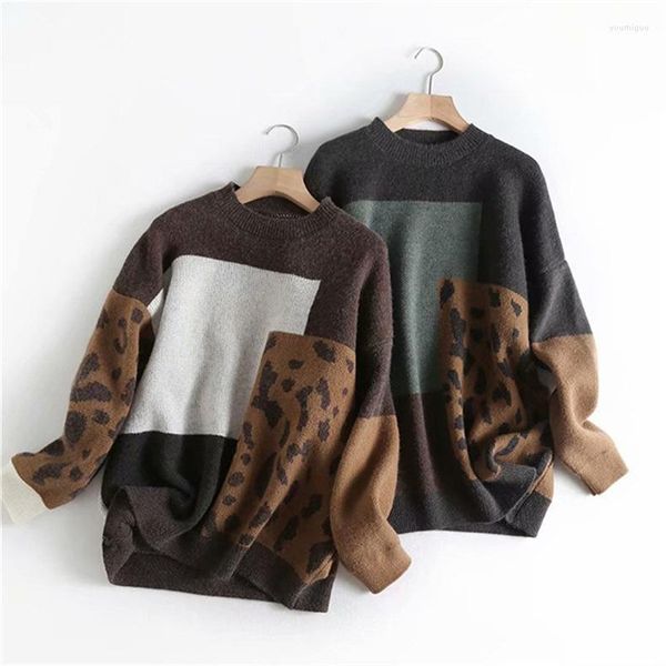 Cuetomizadores masculinos elegantes estampas de leopardo de grandes dimensões O outono de outono inverno 2023 jumpers soltos de malha macia para mulheres