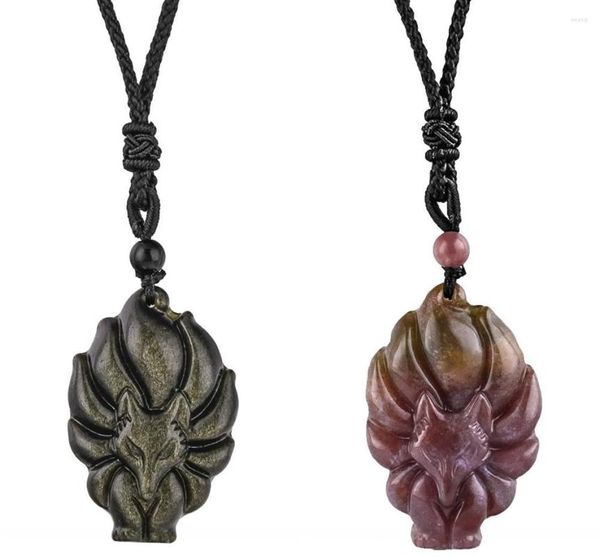 Colares pendentes tumbeelluwa obsidiana de obsidiana de pedras de pedra de nove caudas de nove caudas de jóias de animais esculpidas para homens esculpidas para homens
