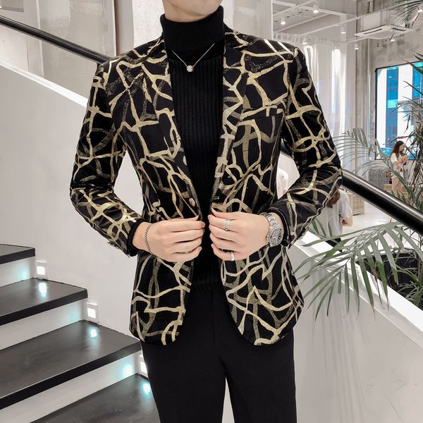 Mens Suits Blazers Spring Mens Blazer Luxury Gold Stripe Print Blazer Men Slim Business Casual Blazer Nightclub Singer Prom Jacket Plus Tamanho M5XL 230216