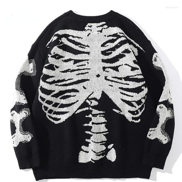 Männer Pullover Männer Übergroße Pullover Schwarz Lose Skeleton Knochen Druck Frauen Vintage Retro Gestrickte 2023 Frühling Herbst Baumwolle Pullover