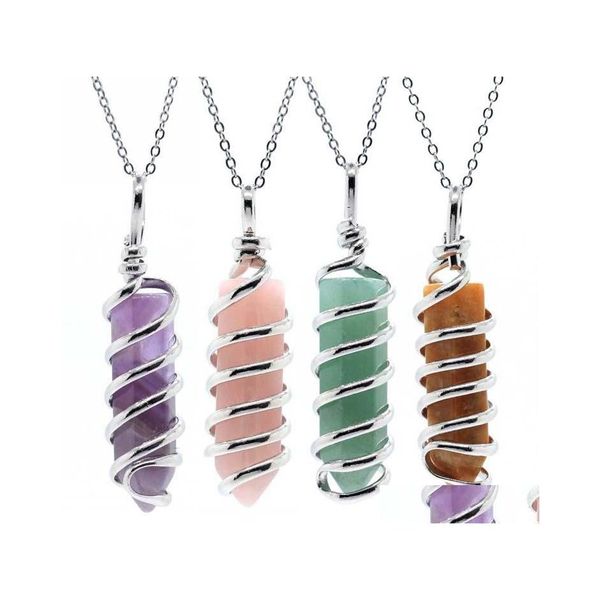 Anhänger Halsketten Mode Draht Wrap Hexagon Prisma Naturstein Carving Reiki Heilung Edelstein Halskette Für Frauen Schmuck Großhandel Drop Dh2Te