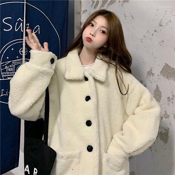 Giacche da donna Cappotto in pile da donna Ragazza dolce Colore bianco Senza cappuccio Manica lunga Collo alto Cardigan monopetto Abiti casual larghi