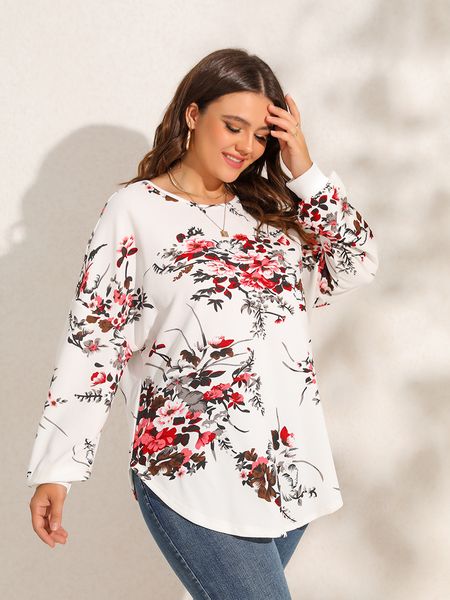 Женская футболка больших размеров Finjani Женская блузка больших размеров с цветочным принтом, перекрещивающаяся на спине, блузки, топ с изогнутым подолом, элегантная женская одежда 230216