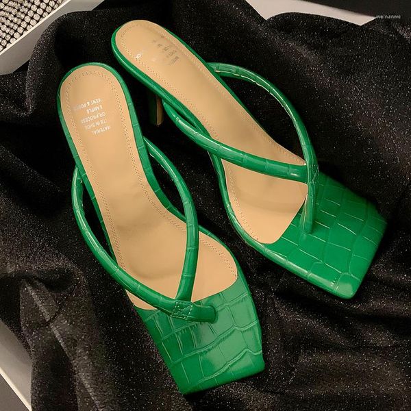 Terlik arden furtado 2023 yaz kadınlar gerçek deri yeşil stilettos topuklu bayanlar büyük boyutlu kadın ayakkabıları kare flip flop