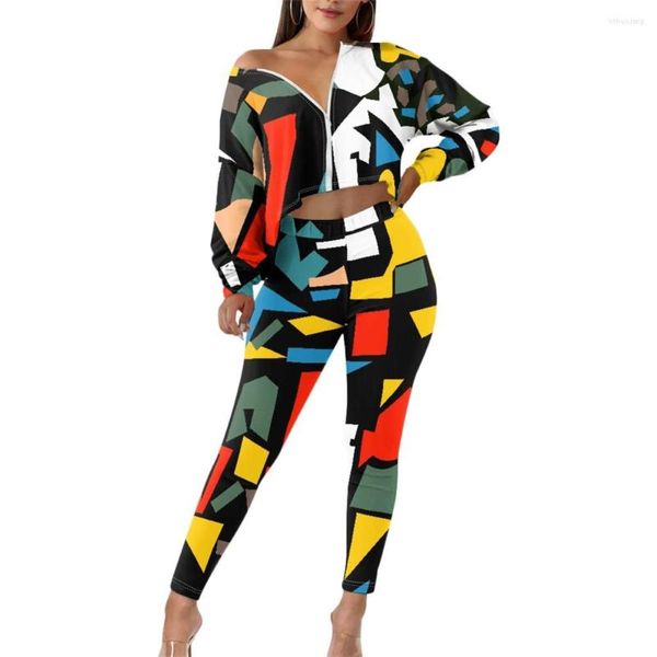 Pantaloni a due pezzi da donna Blocco di colore personalizzato Stampa geometrica astratta Per le donne Top Leggings sportivi Abbinamento elastico Slim Streetwear 2