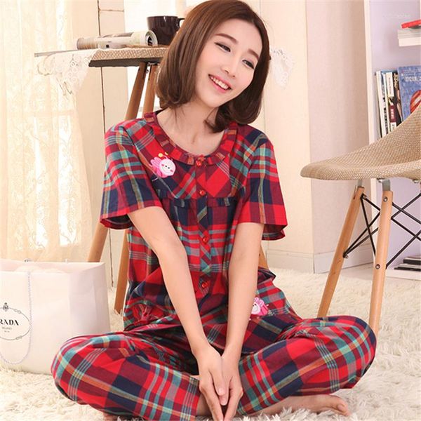 Pijãs de roupas de sono femininas Terno de algodão Summer Mulheres calças pijamas Lattice Moda Home Service Mother Roupos 2023