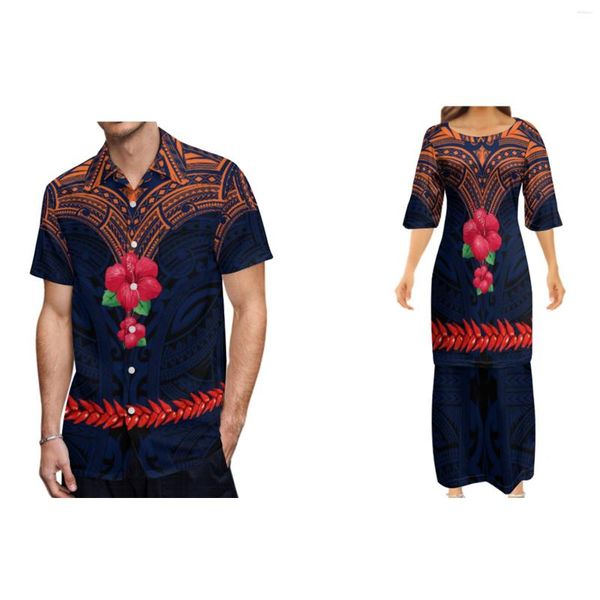 Arbeitskleider Polynesian Tribal Floral Tattoo Bedrucktes Maxikleid Benutzerdefinierte Samoa Puletasi Set 2-teilige Outfits Sets Herrenhemden