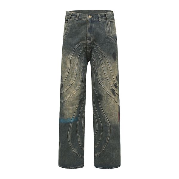 Pantaloni svasati dritti a righe dipinte vintage Jeans casual streetwear da uomo Pantaloni oversize in denim