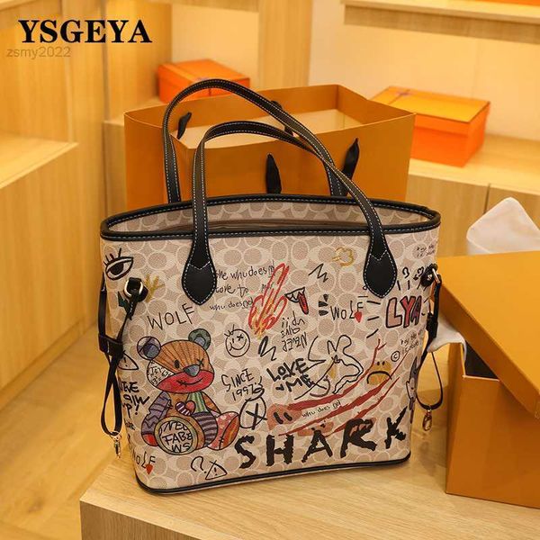 Totes Mode Schultertasche Eimer Graffiti Tasche Bär Muster Luxus Designer Handtasche Große Kapazität Shopping Damentaschen