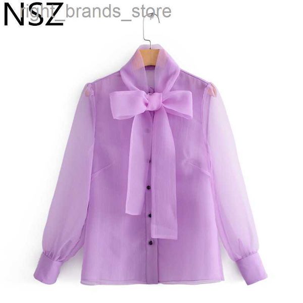 Blusas Femininas Camisas NSZ Blusa Feminina Organza Camisa Tule Transparente Top Transparente Gravata Laço Decote Laço Senhoras Blusas Camisas Roxo Y2004020216V23