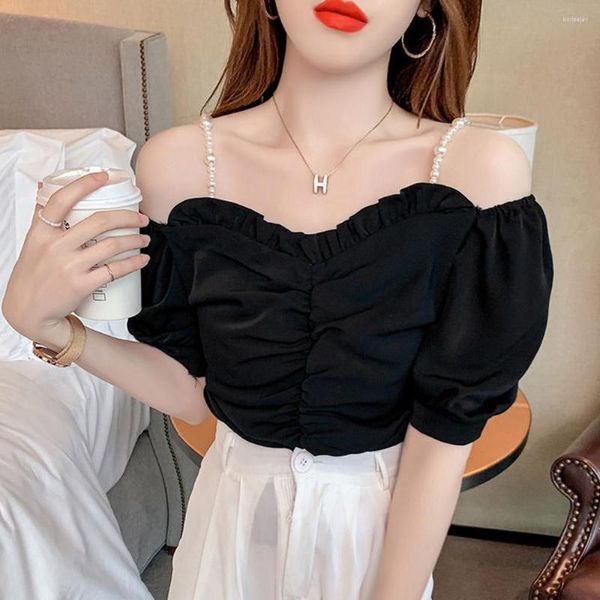 Blusas femininas da blusa de ombro Woman Woman Chic Pearl Sling Short Manga Chiffon Camisa de Chiffon 2023 Summer Moda Pleated Puff Tops