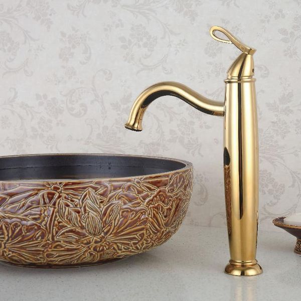 Rubinetti per lavandino del bagno Nave libera Rubinetto alto moderno per vaso monoforo in finitura PVD ORO 24k Rubinetto per lavabo montato su piattaforma