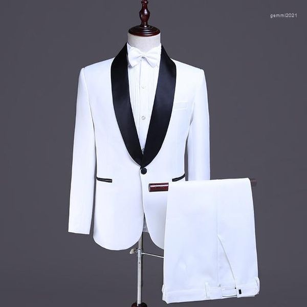 Erkek takım elbise uyarlanmış parlak beyaz siyah yaka erkekler damat smokin balo düğün slim fit terno masculino blazer 2 pc (ceket pantolon)