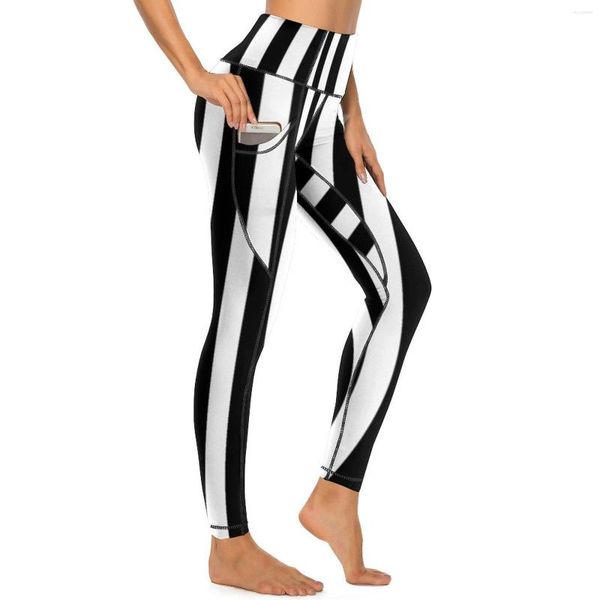 Pantaloni attivi Yoga a righe vintage di qualità Leggings a righe verticali bianche nere Push Up Leggins da palestra Collant sportivi elastici Lady Kawaii