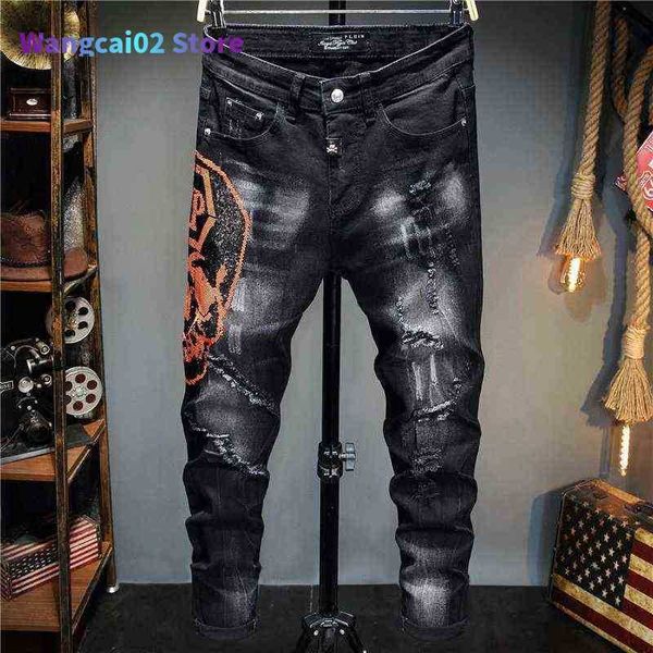 Мужские брюки Rotean Sty Men Cin Brand Jeans Mens Slim Denim Blouss Black Jeans Straight Skulls Biker Ho Black Jeans Pants для мужчин 021623H
