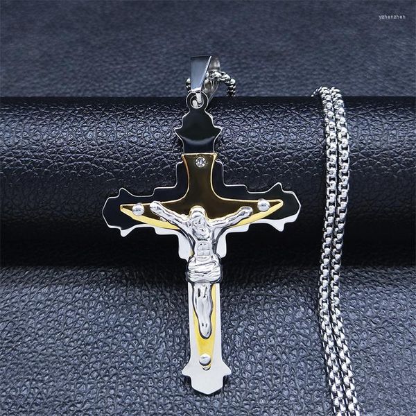 Colares pendentes Cristianismo aço inoxidável Jesus cruzar ouro prata cor grande camada masculino jóias collier homme xh306s05