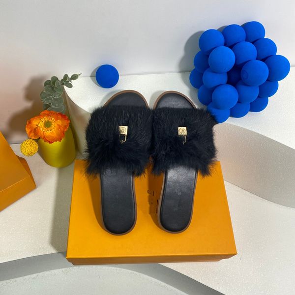 Mulher Mulher Rabbit Slippers de couro Departamento de couro Big Head Shoppers Sapatos planos Sapatos de mulher Mulher Metal Lock Head Slippers 01