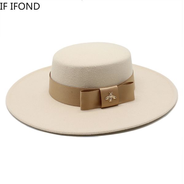 Cappelli a tesa larga Cappelli a secchiello Autunno Inverno Francese Ladies White Bownot Flat Top Cappello Fedora 10CM Banchetto a tesa Elegante cappello in feltro Abito da sposa Cap 230215