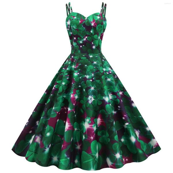 Casual Kleider Sling Hohl Swing Kleid Frauen Retro St. Patrick's Day Gedruckt Vintage Ärmellose Rockabilly Elegante Party Vestido