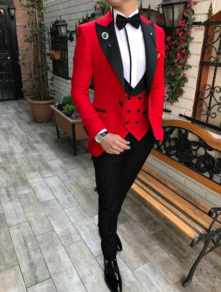 Erkekler Suits Jeltoin Kırmızı Erkekler Düğün Damat Smokin Prom için Uygun Uygun Tepeli Yaku Erkek 3 Parçası Set Ceket Yelek Pantolon Terno Maskulino