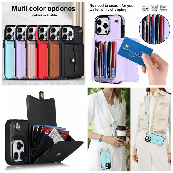 Estojos de carteira de couro de órgão de moda para iphone 15 14 pro max plus 13 12 11 x xr xs max 8 7 slot para cartão de identificação de crédito dinheiro dinheiro bolso titular telefone capa traseira com alça crossybody