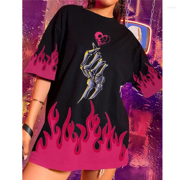 Magliette da donna Camicia con stampa teschio divertente fiamma nera per donna T-shirt estive larghe oversize Moda donna stile Hip Hop Harajuku