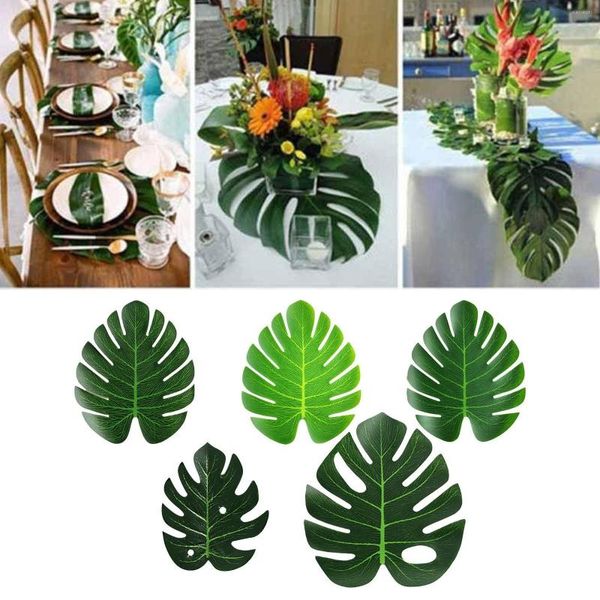 Flores decorativas 12pcs/conjunto de folhas de palmeira artificial Tropical Plant Faux Hastes Hawaiian Party Decorations Jungle Beach Tabela