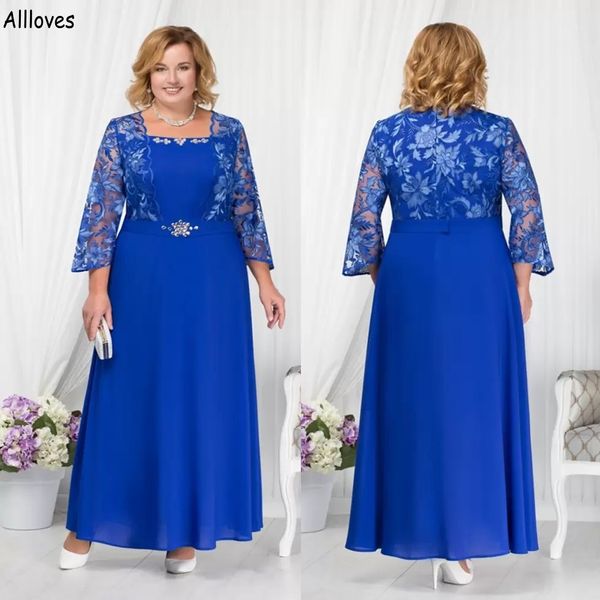 Azul real de tamanho real m￣e dos vestidos de noiva com jaqueta de renda de mangas compridas Mulheres de festa formal Vestidos de festa de chiffon de chiffon