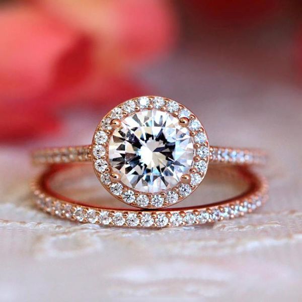 Anel de casamento de anéis de cluster Conjunto de casamento para mulheres Simples redonda corta azul clara cz rosa dourado prateado cor 2 pcs jóias de moda