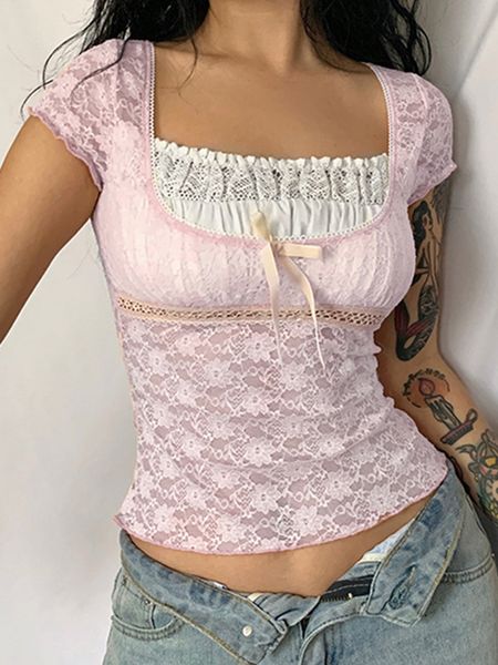 T-shirt das mulheres Y2K Pink Trim Crop Top Bow Bonito Doce Camiseta Mulheres Retro Manga Curta Lace Remendado Verão Tee Coreano Tshirt Coquette Estética 230215