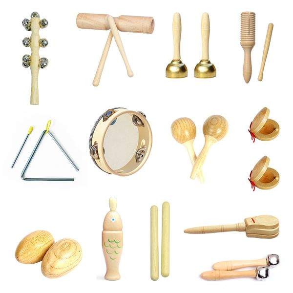 Trommeln Percussion Kleinkinder Musikspielzeug-Set Kastagnette Sand Hammer Tamburin Dreieck Doppelklingel Orff-Percussion-Instrumentensets Montessori-Spielzeug 230216