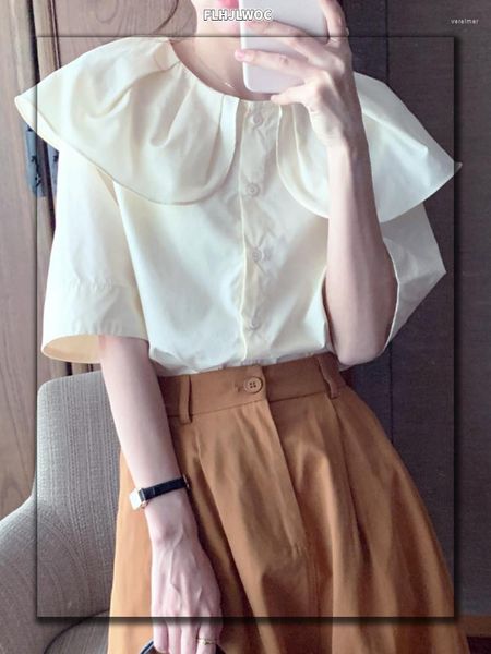Blusas femininas fofas tops chiques feminino de verão manga doce lolita lolita japão estilo retalhos de retalhos sólido trabalho de peito simples camisas brancas