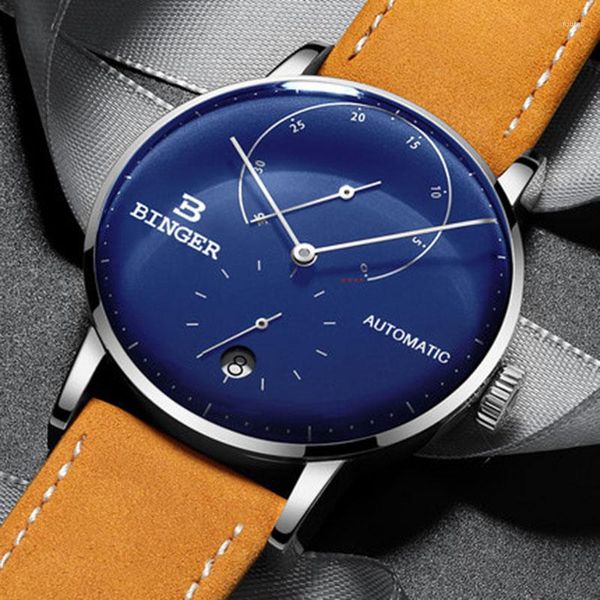 Relógios de pulso Original Binger Brand Men Aço inoxidável Aço automático Mecânica Male Strap Watch Self Wind Cruve Surface Big Blue Dial