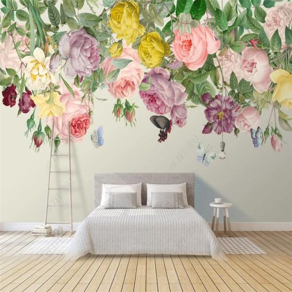 Papéis de parede Tamanho personalizado Floral pintado à mão Rose Flower Sala de estar MURAL 3D PAPEL DE PAPEL DE PAPEL DE CASA DOMEAGEM DE WALLESSPONE