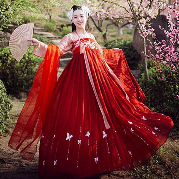 Abbigliamento da palcoscenico Hanfu Costume nazionale Antica fata cinese Manica lunga Abiti rossi Abbigliamento tradizionale da donna per donne Adulti DN3435