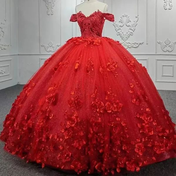 Splendido abito da ballo rosso Abiti da quinceanera Elegante con spalle scoperte Fiori Appliques Perline Abiti da sposa increspati Sweet Junior Prom Evening Wears Corset Back 2023 CPH401