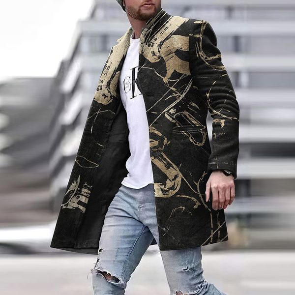 Lã de lã masculina mistura homens outono inverno manga longa sobretocas moda moda reta Blazer jaquetas de blazer vintage Print Print Stand Collar Butrowed Coats 230217