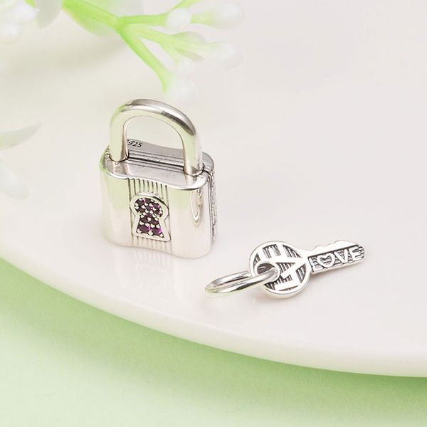 Chiave di blocco Forever Love in argento sterling 925 con perline rosa CZ adatta a braccialetti con ciondoli per gioielli stile Pandora europeo