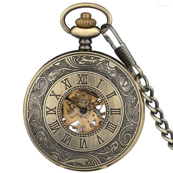 Relógios de bolso antigo número romano esqueleto de esqueleto retro relógio mecânico relógio de fólha de correntes de mão masculina colecionáveis ​​de arte enrolada