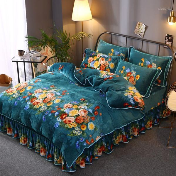 Bettwäsche-Sets Korallen Fleece Winter Doppelbett Home Set Dicke Warme Samt Blumendruck Z121